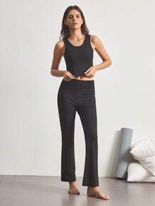 Ocili Women's Solid Color Minimalist Round Neck Tank Top And Pleated Long Pants Pajama Set - Black - View 5