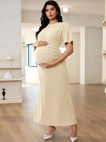 MaterniWear Maternity Solid Color Round Neck Short Sleeve Ruched Fitted Dress Photoshoot Summer - Apricot - View 8