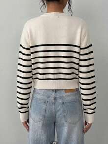 SHEIN BASICS 女款休閒條紋毛衣（米色與黑色），優雅秋/冬，約會、正式、辦公室、工作 - 黑色 - 查看 2