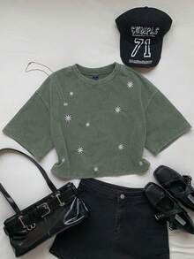 Comfortcana 女款休閒花卉刺繡水洗圓領落肩T恤，夏季上衣，綠色花卉野餐風 - 軍綠色 - 查看 8