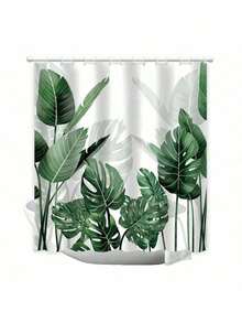 1pc Bright Green Leaf Pattern Shower Curtain - Waterproof, Polyester Woven Fabric, Leaf Pattern, Plant Theme, Machine Washable, Polyester Material, Does Not Block Light, Lightweight And Breathable - Green - View 9