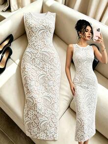 Elenzga Women's Lace Printed Round Neck Fitted Elegant Sleeveless Midi Dress - Multicolor - View 1