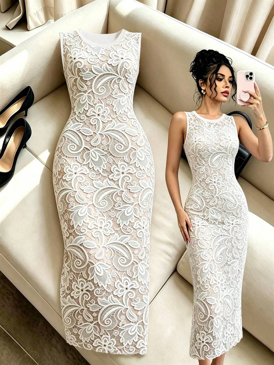 Elenzga Women's Lace Printed Round Neck Fitted Elegant Sleeveless Midi Dress - Multicolor - View 1
