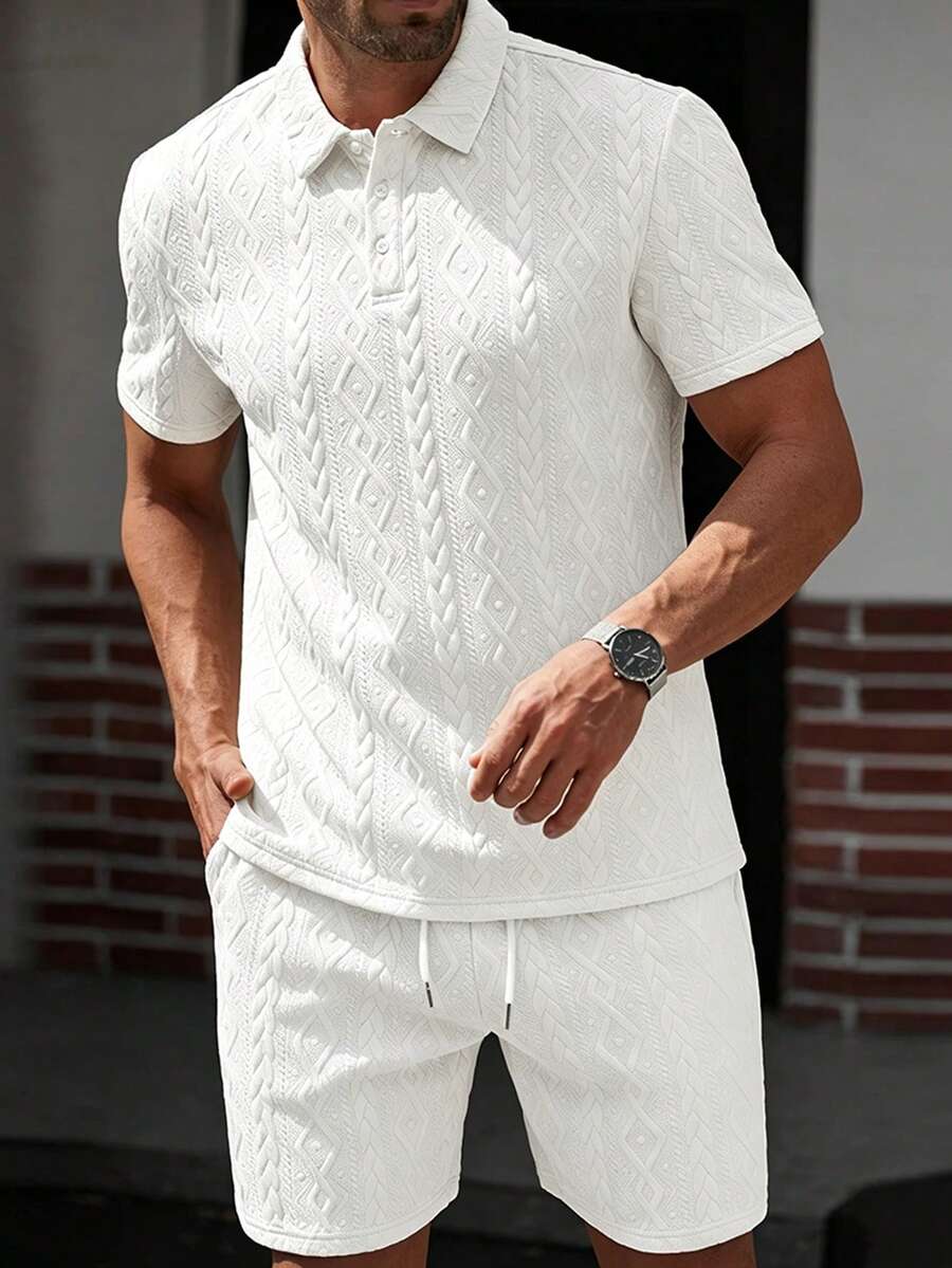 Manfinity CasualCool 男士純色短袖 Polo 衫與短褲休閒日常套裝 - 白色 - 查看 1
