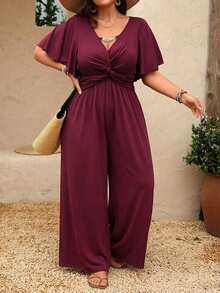 SHEIN LUNE Plus Size Women's Spring/Summer Chain Patchwork Ruffle Knot Waist Knit Texture Elegant Graceful A-Line V-Neck Midi Dress - Red Violet - View 6
