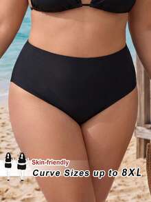 SHEIN CURVE+ Quần bikini cạp cao màu đen trơn dáng rủ phong cách nhiệt đới cho tiệc bãi biển nghỉ hè 2026, size lớn - màu đen - Xem 1