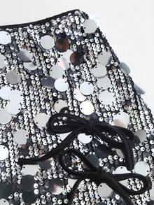 SHEIN Unity 性感 A 字高腰緊身迷你裙，亮片蝴蝶結設計，時尚百搭四季派對女裙 - 銀色 - 查看 4