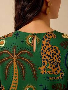 CAJUNI Women's Boho Tropical Animal & Plant Colorful Print, Vacation Casual Summer Crop Top - Dark Green - View 6