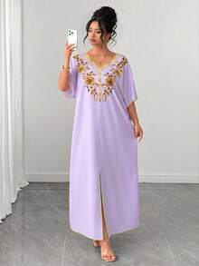 SHEIN Clasi Plus Size Summer Elegant Floral Print Batwing Sleeve Dress - Purple - View 5