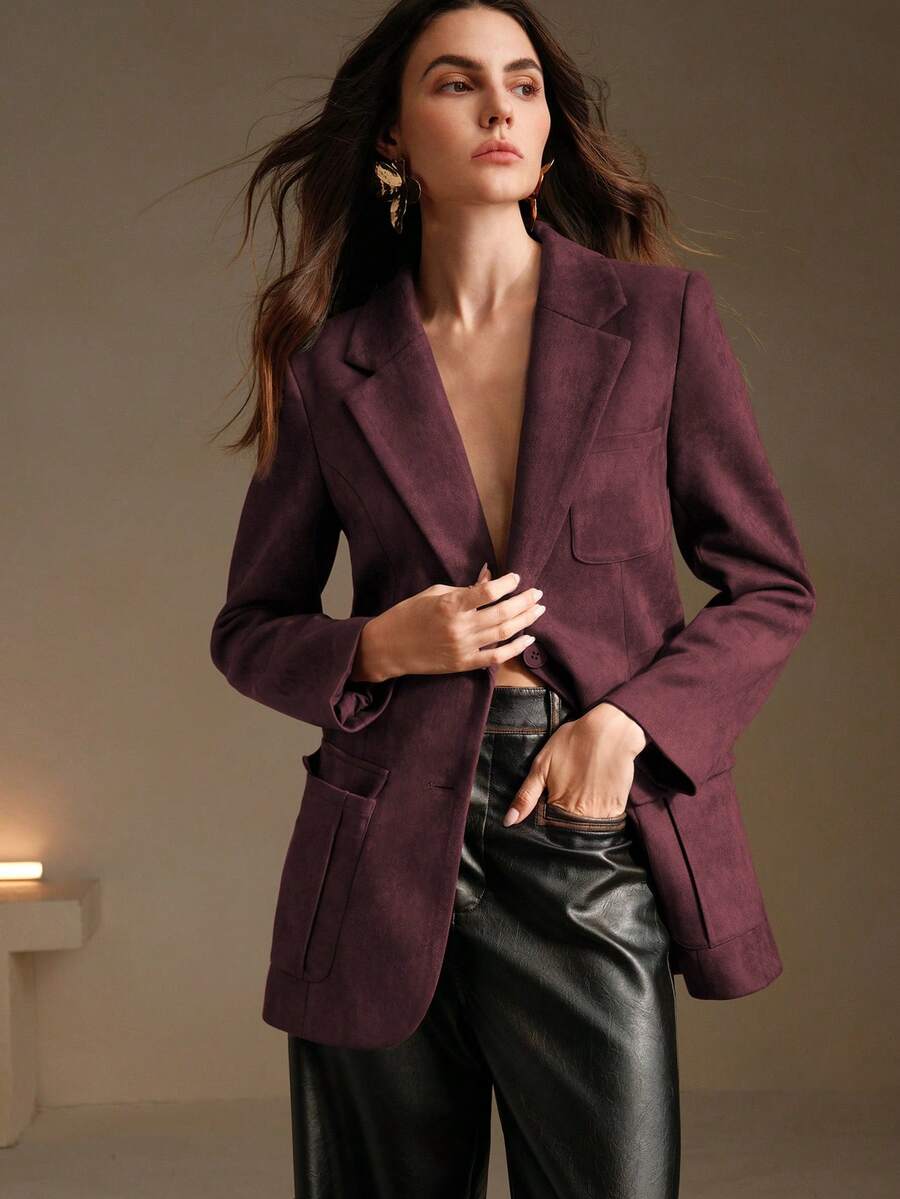 Anewsta Essential Suede Multi-Pocket Long Sleeve Elegant Blazer - Red Violet - View 1