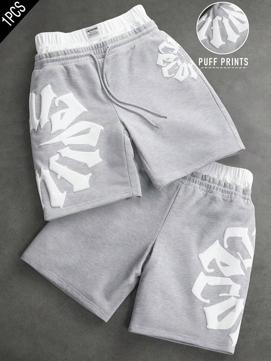 SLATEMANN Pantalones cortos para hombre con estampado de letras y cintura en contraste - Gris - Ver 1