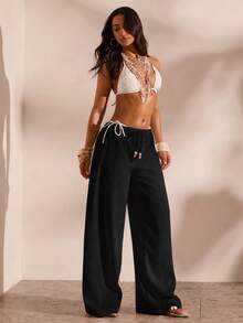 Opulessa Women's Solid Color Waist Tie Cover-Up Pants For Vacation - 黑色 - 查看 4