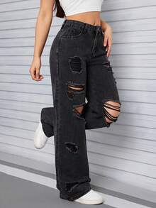 SHEIN PETITE 高腰破洞口袋寬鬆休閒街頭風牛仔褲，黑色夏季日常款，適合嬌小女性 - 黑色 - 查看 2