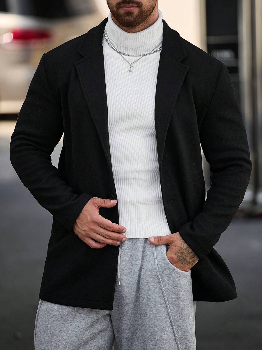 Manfinity CasualCool معطف رجالي بلون موحد بصف واحد من الأزرار، عصري متعدد الاستخدامات للاستخدام اليومي والكاجوال - الأسود - مشاهدة 1