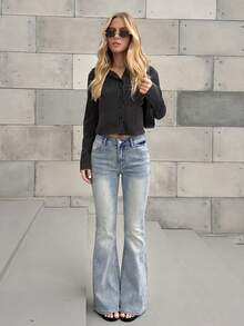 BiaLiraa Y2K Retro Millennium Baddie Pocket Cross Wing Embroidery Fitted Flare Leg Jeans For Women Casual - Light Wash - View 4