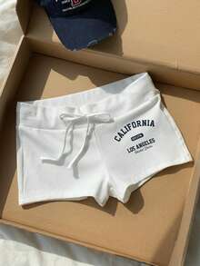 Comfortcana 女款抽繩腰字母印花休閒百搭日常短褲 - 白色 - 查看 4