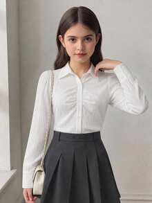 SHEIN 返校季少女百搭白色襯衫，可作內搭或外穿，休閒日常時尚，適合畢業季與正式場合，白色長袖襯衫，百搭白色襯衫 - 白色 - 查看 2