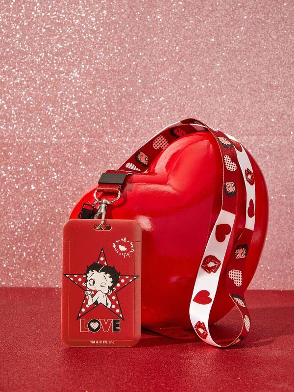Betty Boop x SHEIN Betty Boo Multifunctional Combo Keychain Badge Holder , Red  Heart Patterned Card Cover Keychain, Bag Pendant