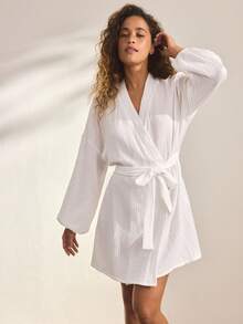 Ocili Leisure Pure Cotton Double Layer Crepe Fabric Minimalist Comfortable Neutral Soft Long Sleeve Robe Pajamas Women's Loungewear - White - View 5