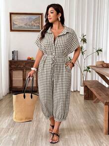 Weeklong Plus Size Casual Loose Plaid Jumpsuit For Vacation - Multicolor - View 1