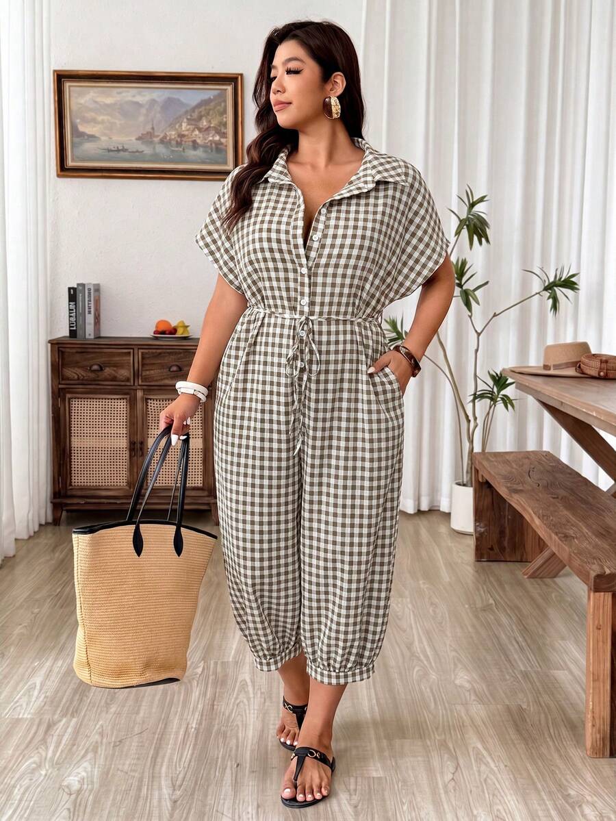 Weeklong Plus Size Casual Loose Plaid Jumpsuit For Vacation - Multicolor - View 1