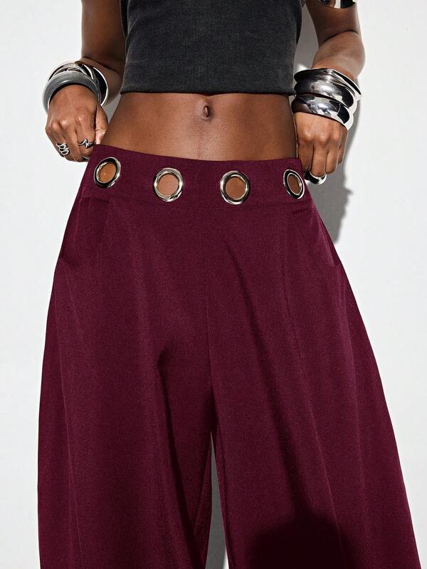 Aveloria GENKIRA Burgundy Oversized Grunge Punk Eyelet Waistband Decor Silhouette Lantern Curved Leg Pants Streetwear Versatile Avant-Garde Casual Daily Night Spring