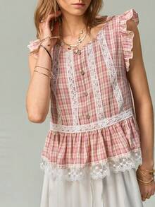 SHEIN Women's Plaid Flutter Sleeve Lace Trim Patchwork Ruffle Button Shirt - Pink - View 1