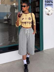 Muchica Gray Knitted Women's Drawstring Waist Pocket Casual Sporty Shorts Gym Summer - Light Grey - View 5