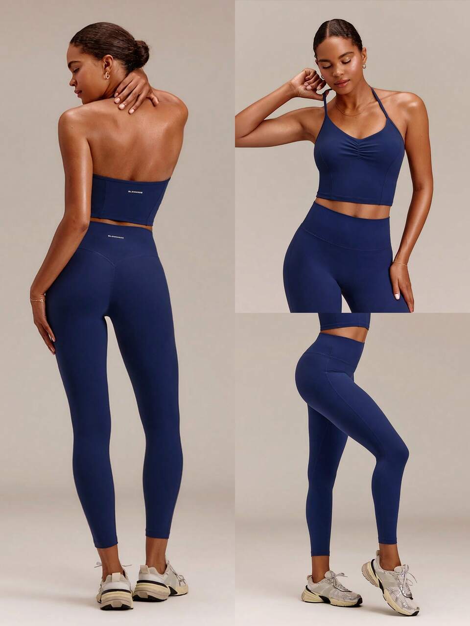 Conjunto FeatherFit™ All-Day Glow con Top Halter Fruncido y Leggings de Cintura Alta de 24" con Efecto Peakbum Scrunch y Bolsillos Laterales para Yoga, Pilates, Estudio, Uso Diario y Casual