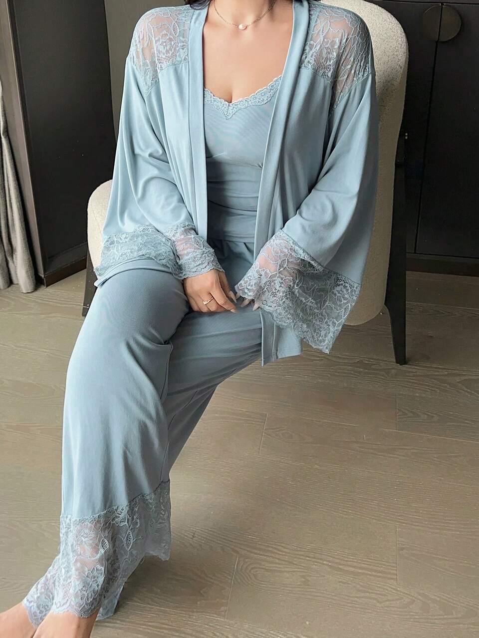 Dazy Plus 3-Piece Charming Lace Patchwork Lapel Camisole & Long Pants Pajama Set, Spring/Summer/Autumn Sleepwear