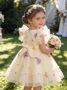 SHEIN Glamorique Kids 四季嬰幼兒刺繡正式洋裝，刺繡公主正式洋裝，荷葉袖收腰正式洋裝 - 香檳色 - 查看 2