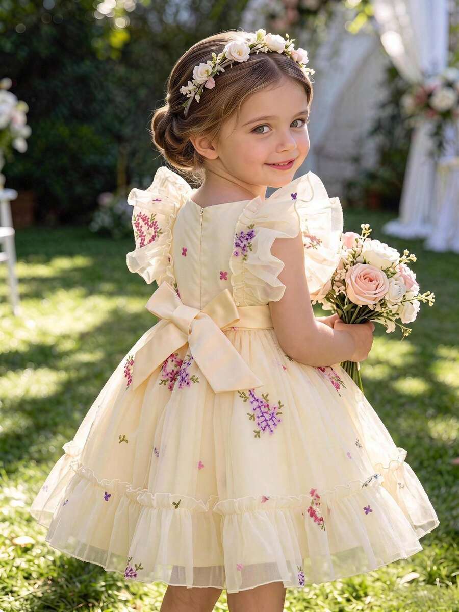 SHEIN Glamorique Kids 四季嬰幼兒刺繡正式洋裝，刺繡公主正式洋裝，荷葉袖收腰正式洋裝