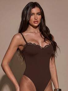 SHEIN BAE Women's Solid Color Contrast Lace Fashion Camisole Camisole - Coffee Brown - View 7