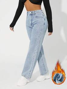 SHEIN PETITE 女款簡約前扣口袋休閒牛仔褲 加厚保暖 感恩節聖誕節適用 小個子女款 - 藍色 - 查看 8