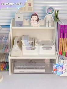 1 Double-Layer Height-Adjustable Desktop Shelf For Dormitory/Office Use, Organizing Cosmetics, Stationery, And Books. - White - View 6