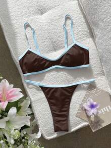 SHEIN Swim 女款比基尼泳衣 性感純色拼色比基尼，內建胸墊短版背心式泳衣，適合度假、海灘穿搭、Y2K、健身套裝，情人節新年派對度假穿著，城市到海灘波希米亞風 SS26 春夏海灘裝 - 咖啡棕 - 查看 6