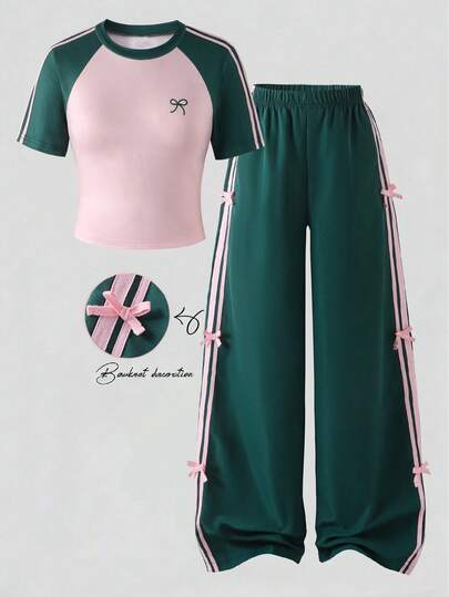 SHEIN 2件組青少年短袖上衣與長褲套裝，粉色蝴蝶結緞帶，適合春夏，運動與通勤穿著