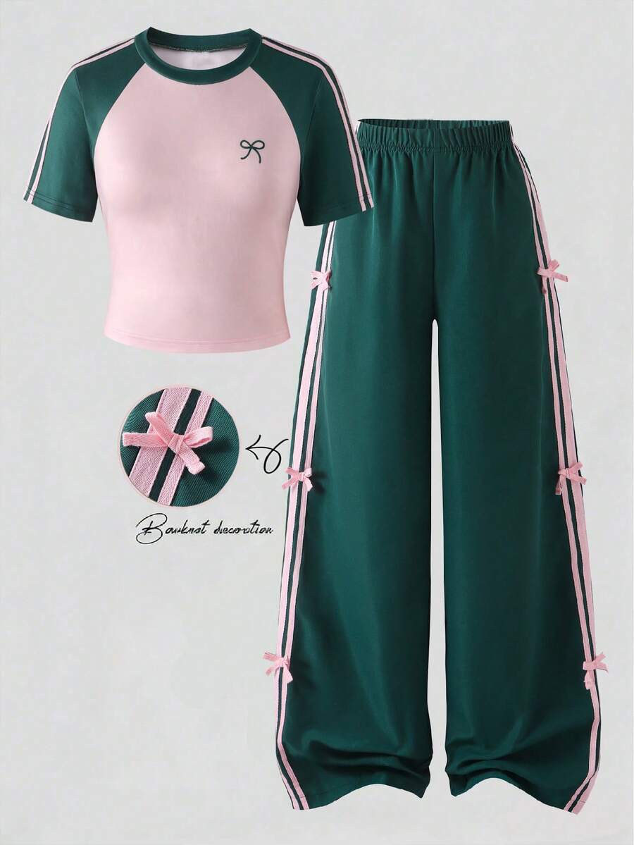 SHEIN 2 piezas/Set Conjunto de manga corta y pantalones largos para adolescentes, lazo rosa, adecuado para primavera/verano, deportes & desplazamientos - Verde Oscuro - Ver 1