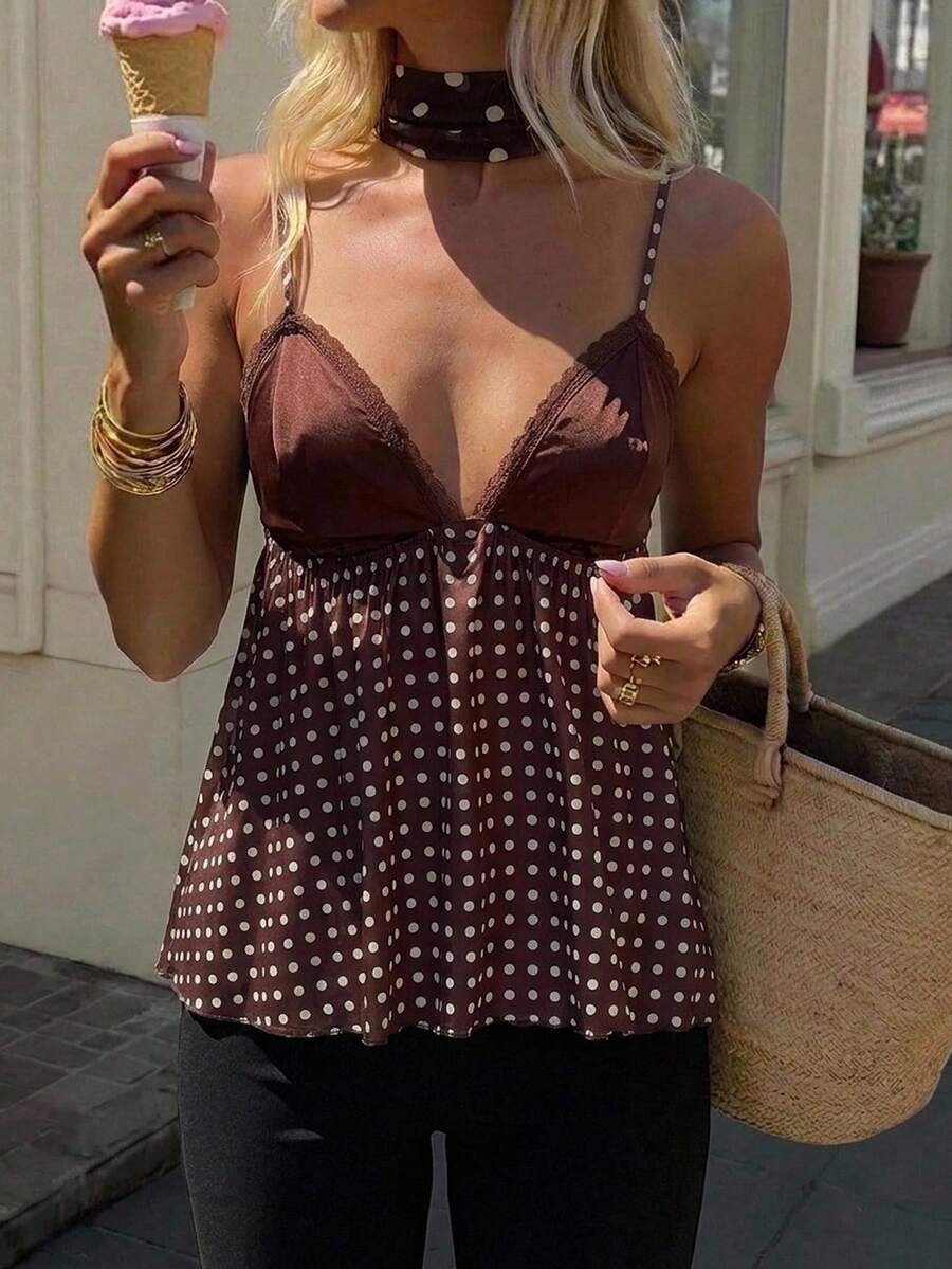 Lavishia 女款夏季優雅波點印花拼接細肩帶上衣 - 摩卡棕 - 查看 1