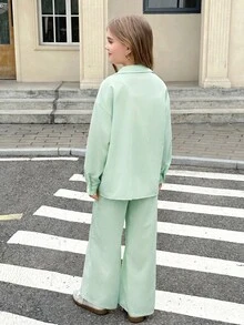 SHEIN 青少年女孩休閒街頭風梭織條紋馬標誌刺繡寬鬆落肩襯衫與寬腿褲套裝，適合春夏、春季出遊、度假、休閒穿著、返校 - 綠色 - 查看 6
