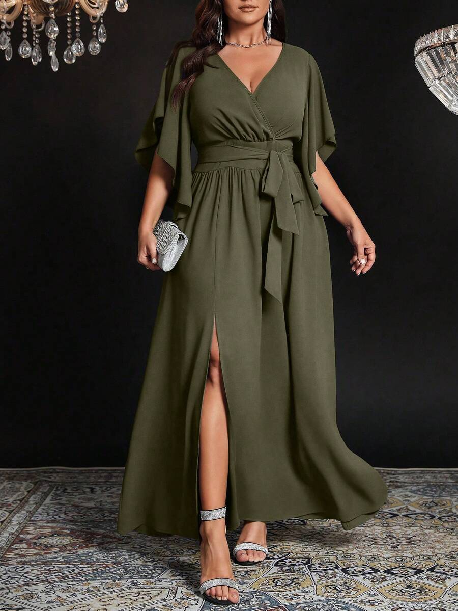Auvina Plus Size Women V-Neck Flare Short Sleeve Tie Waist Ruched Slit Elegant Party Dress - Army Green - View 1