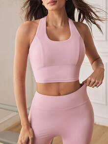Eassivo Eassivo Women's Backless Halter Top & Leggings Sports Set - Dusty Pink - View 7