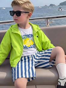 SHEIN Genkimix Kids 1件男童休閒極簡街頭連帽長袖外套，時尚休閒設計，適合夏季穿著，適合4-7歲男孩日常穿著，適用於運動、外出、學校及開學季 - 綠色 - 查看 8