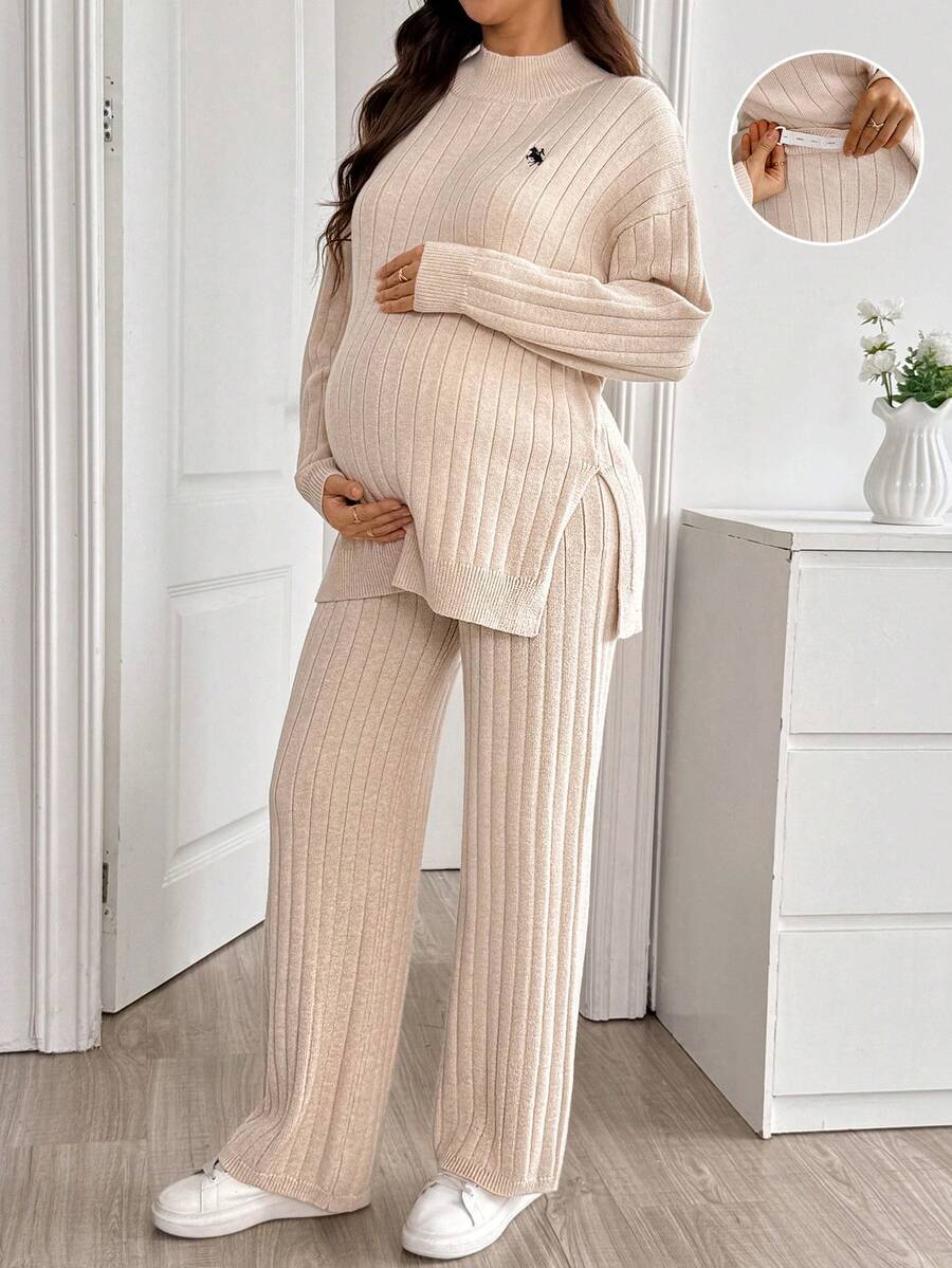 SHEIN Maternity Solid Color Side Slit Sweater & Knit Pants Set - Apricot - View 1