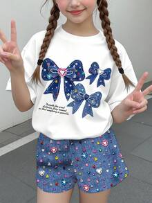 兒童青少年女孩休閒復古甜美亮眼多巴胺彩色愛心與蝴蝶結印花短袖T恤短褲兩件套，適合夏季 - 彩色 - 查看 2