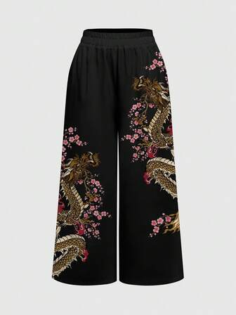 ROMWE Avant Pantaloni a gamba larga casual e versatili da donna con motivo floreale e drago per uso quotidiano
