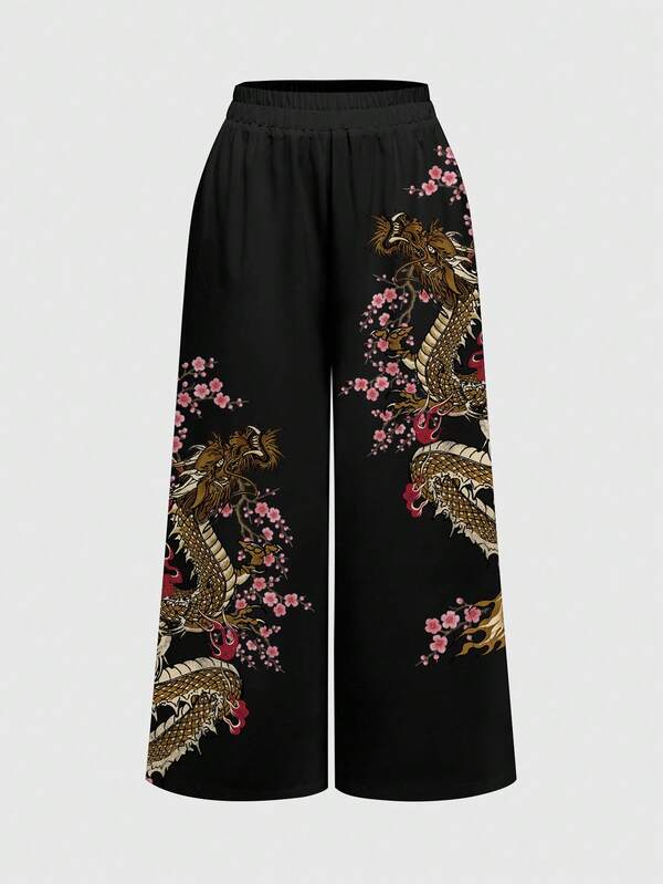 ROMWE Avant Women's Floral Dragon Pattern Casual Versatile Daily Wear Wide Leg Pants