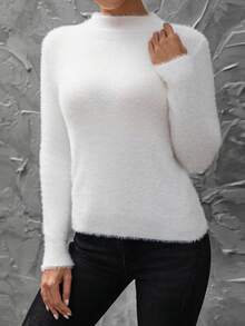 INAWLY Sweater Rajut Wanita Lengan Panjang Kerah Tegak Warna Polos, Sweater Pullover Rajut Musim Gugur/Dingin - Putih - View 3