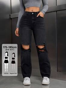 SHEIN Tall Jeans de mezclilla casuales desgastados para mujer con bolsillos con botones delanteros, estilo básico, para mujeres altas - Negro - Ver 1