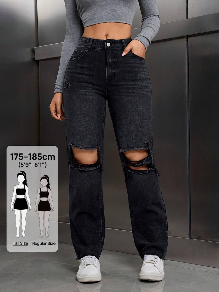 SHEIN Tall Jeans de mezclilla casuales desgastados para mujer con bolsillos con botones delanteros, estilo básico, para mujeres altas - Negro - Ver 1